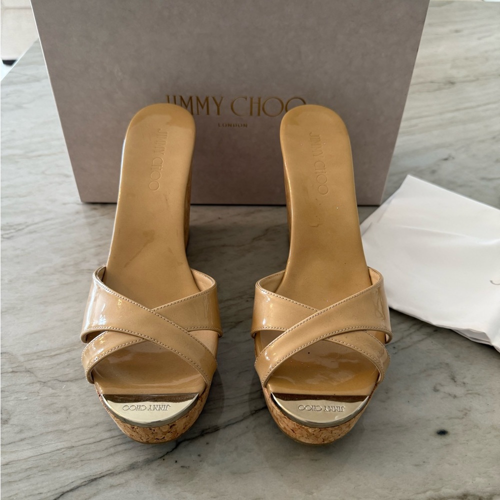 Jimmy Choo Nude Perfume Patent Leather Wedge Sandals